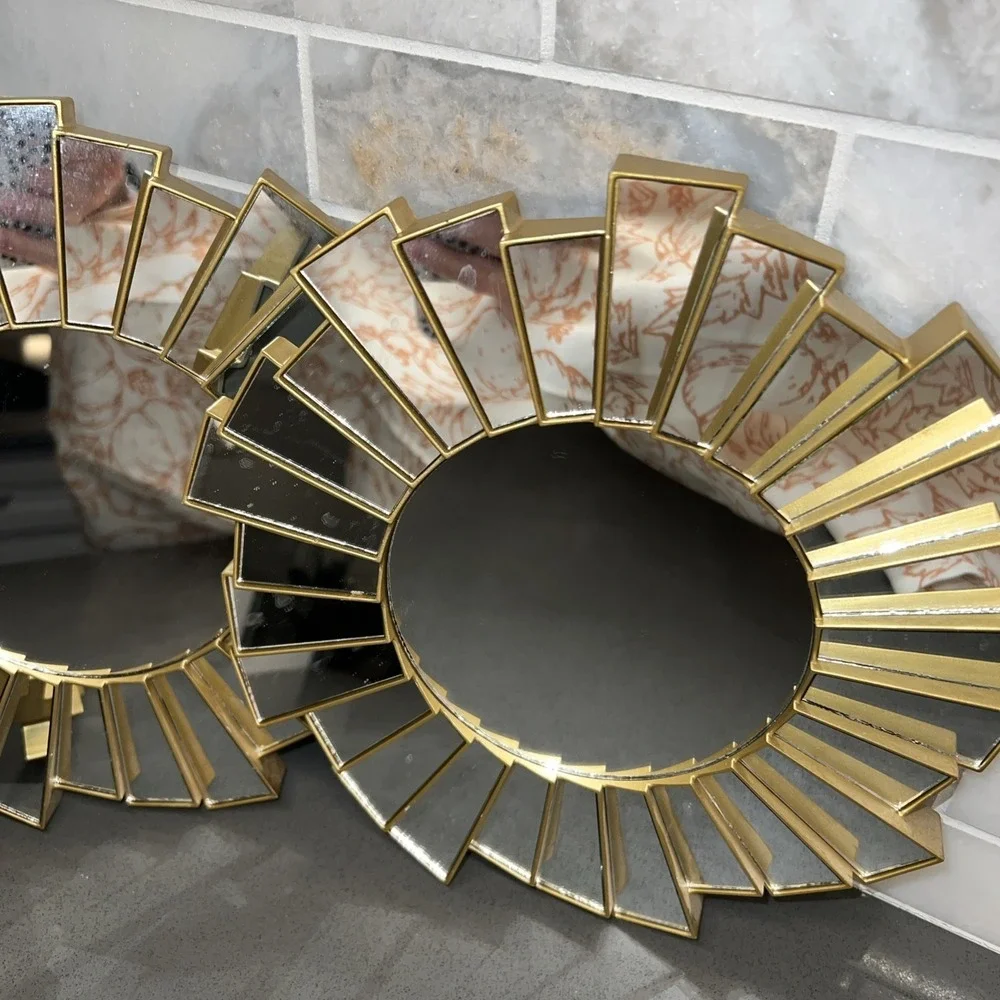 Three Gold Style Plastic Sunburst Wall Hanging Accent Mirrors.